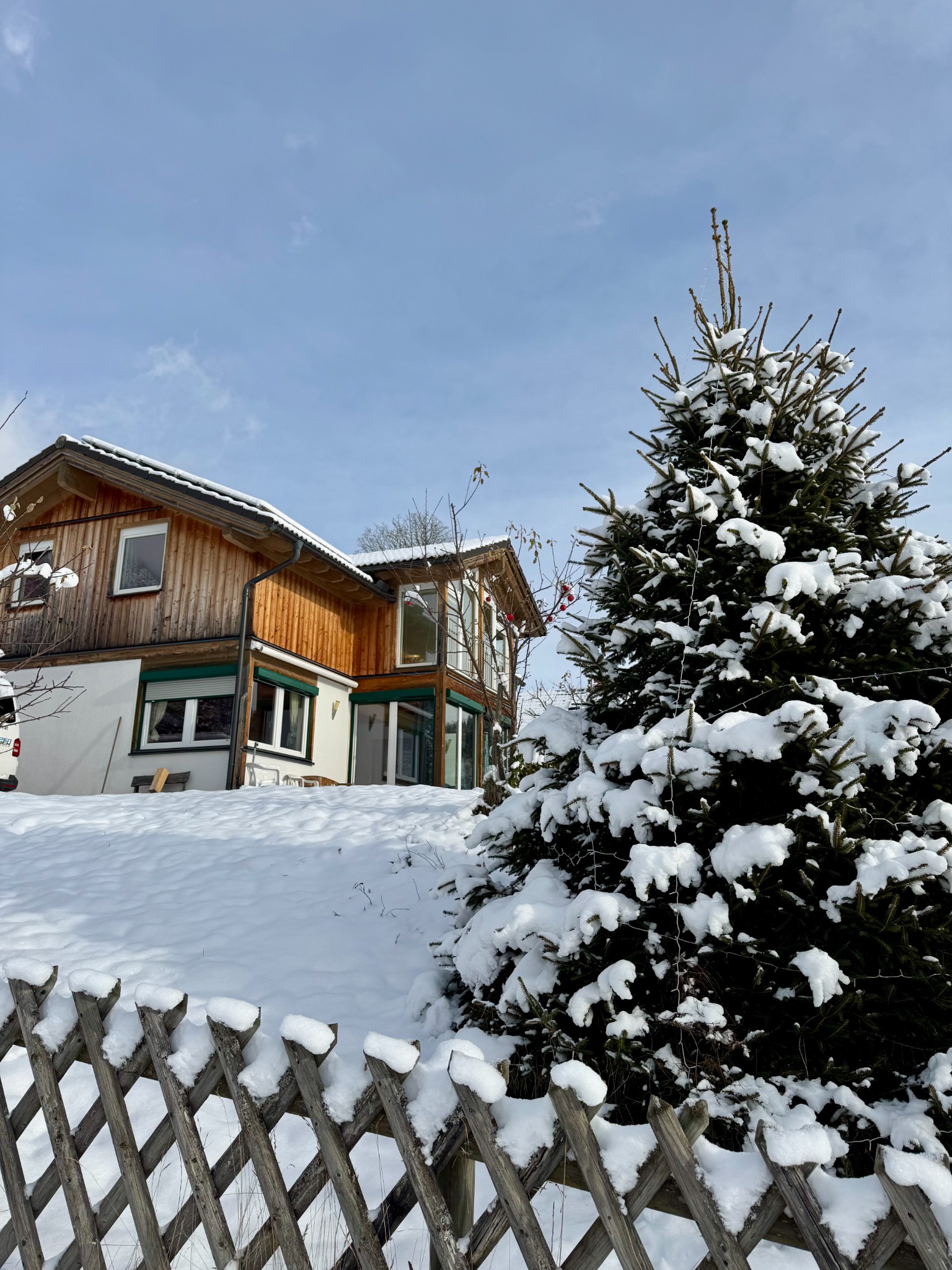 Haus mit Garten und Baum im Winter