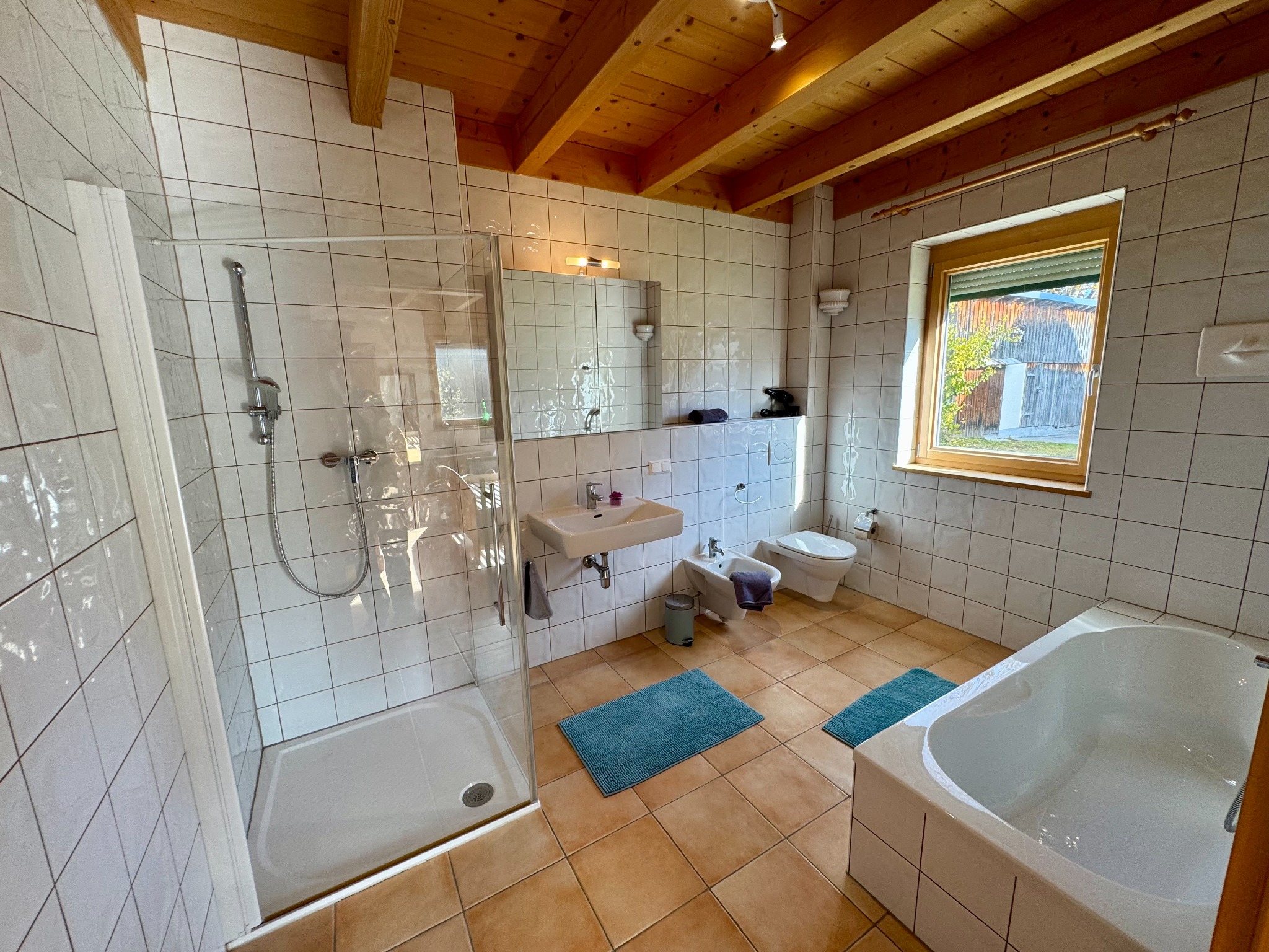 Großes Badezimmer mit Dusche, Wanne und Bidet